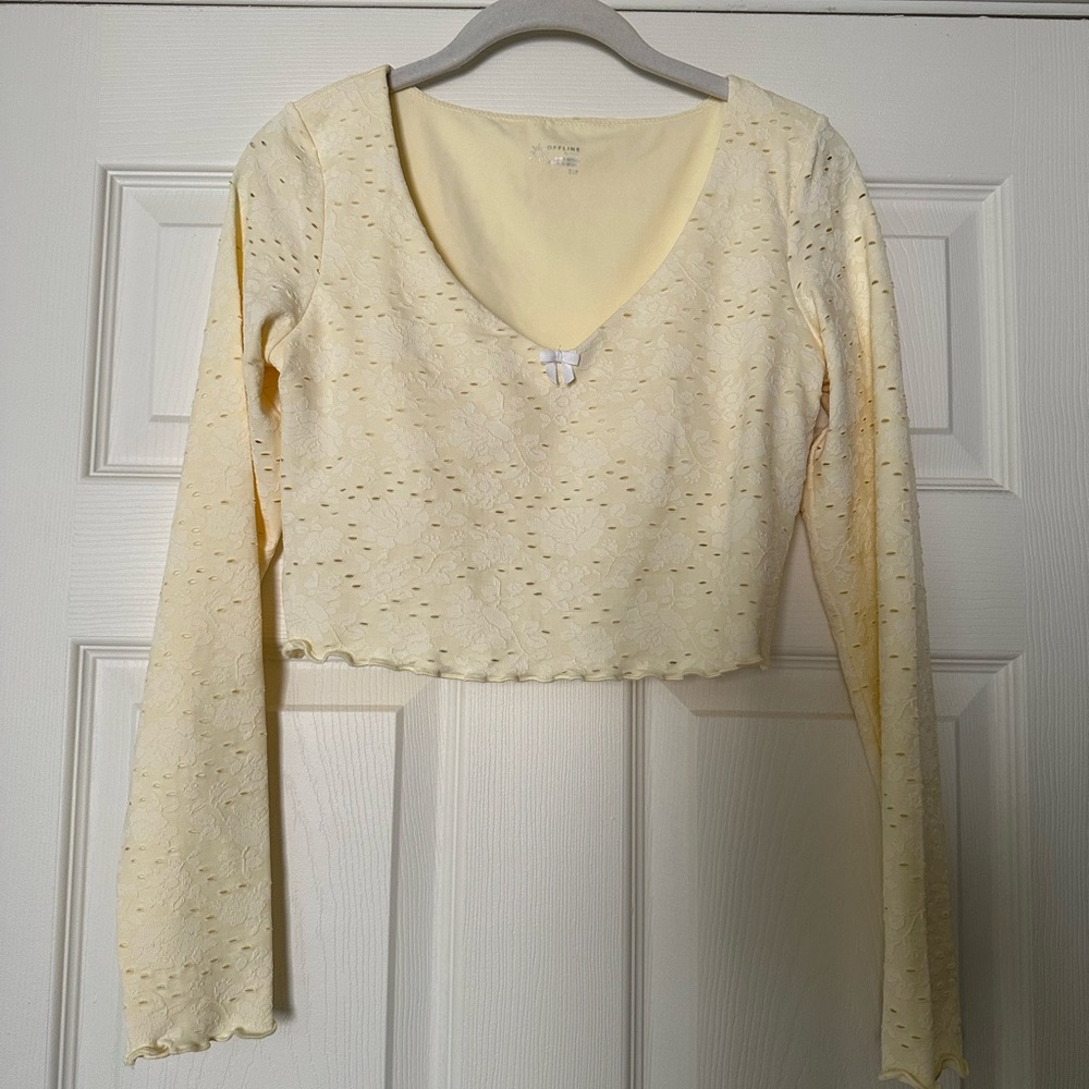 Butter Yellow eyelet Offline top. New with tags